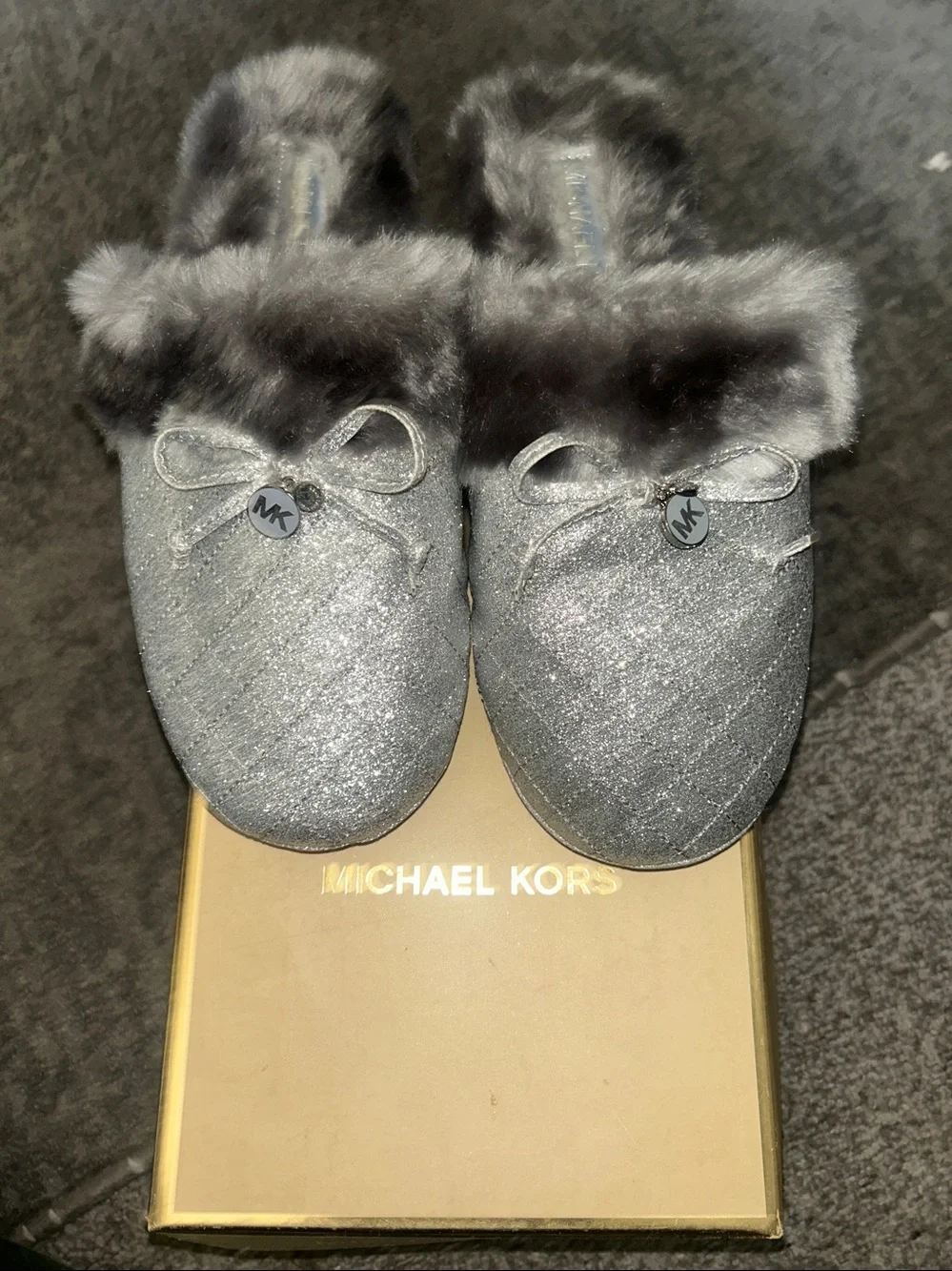 Michael Kors Silver Gray Faux Fur Slide Slippers